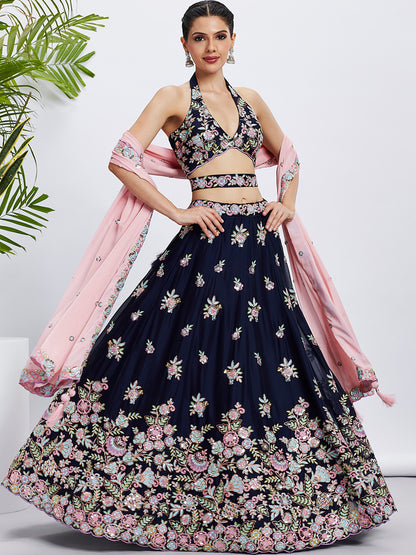 Navy Blue Georgette Sequins Thread Embroidery Lehenga Choli &amp; Dupatta