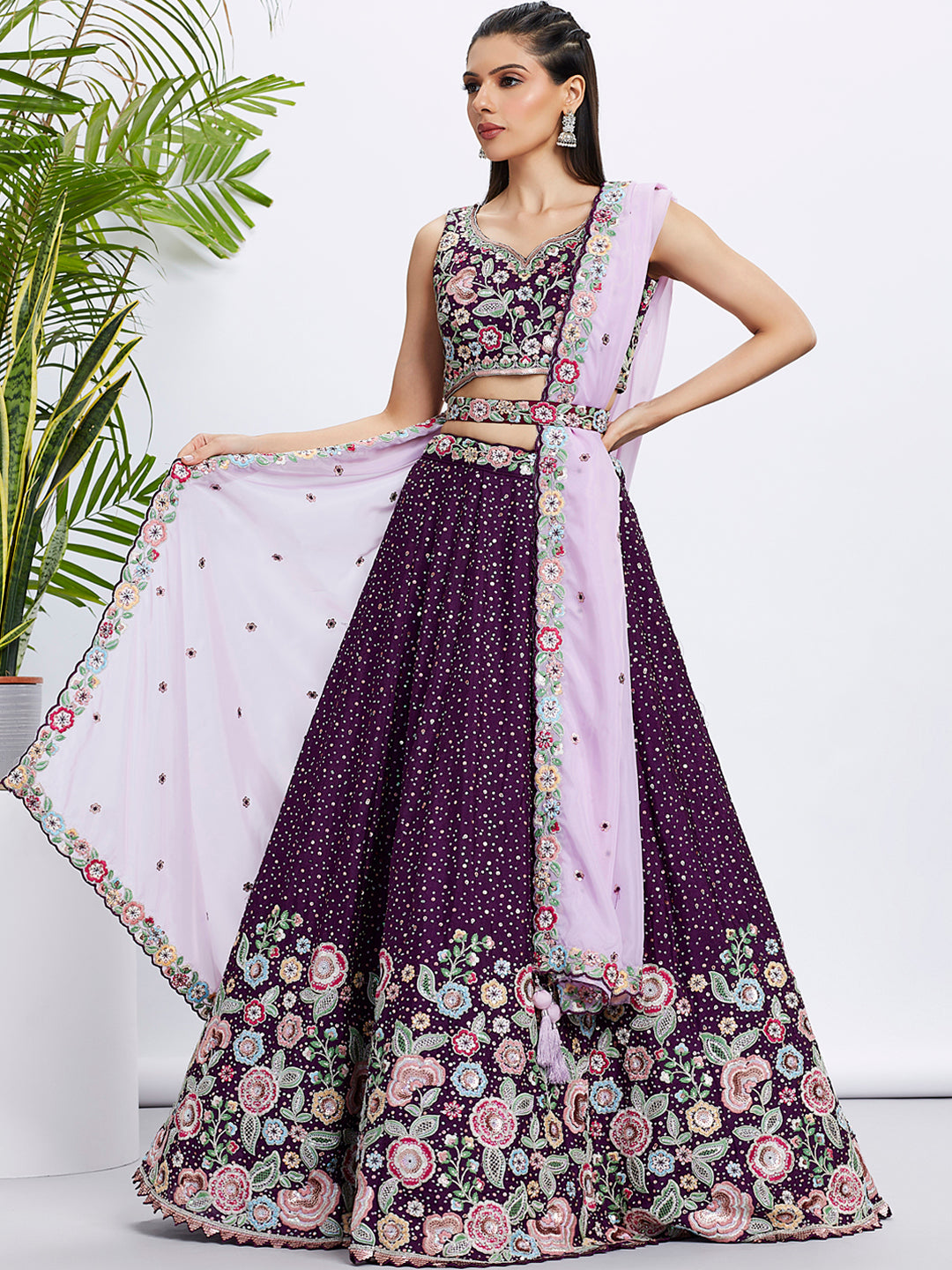 Purple Pure Chiffon Sequins Thread Embroidery Lehenga Choli &amp; Dupatta