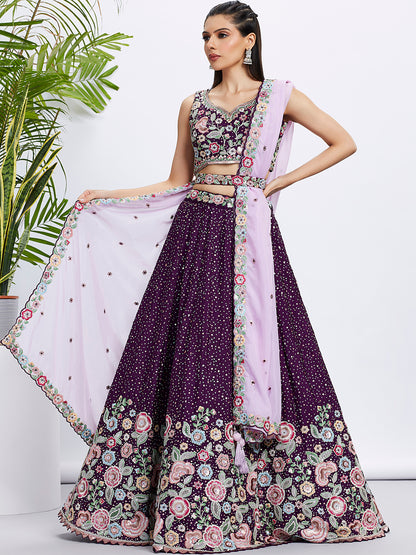 Purple Pure Chiffon Sequins Thread Embroidery Lehenga Choli &amp; Dupatta