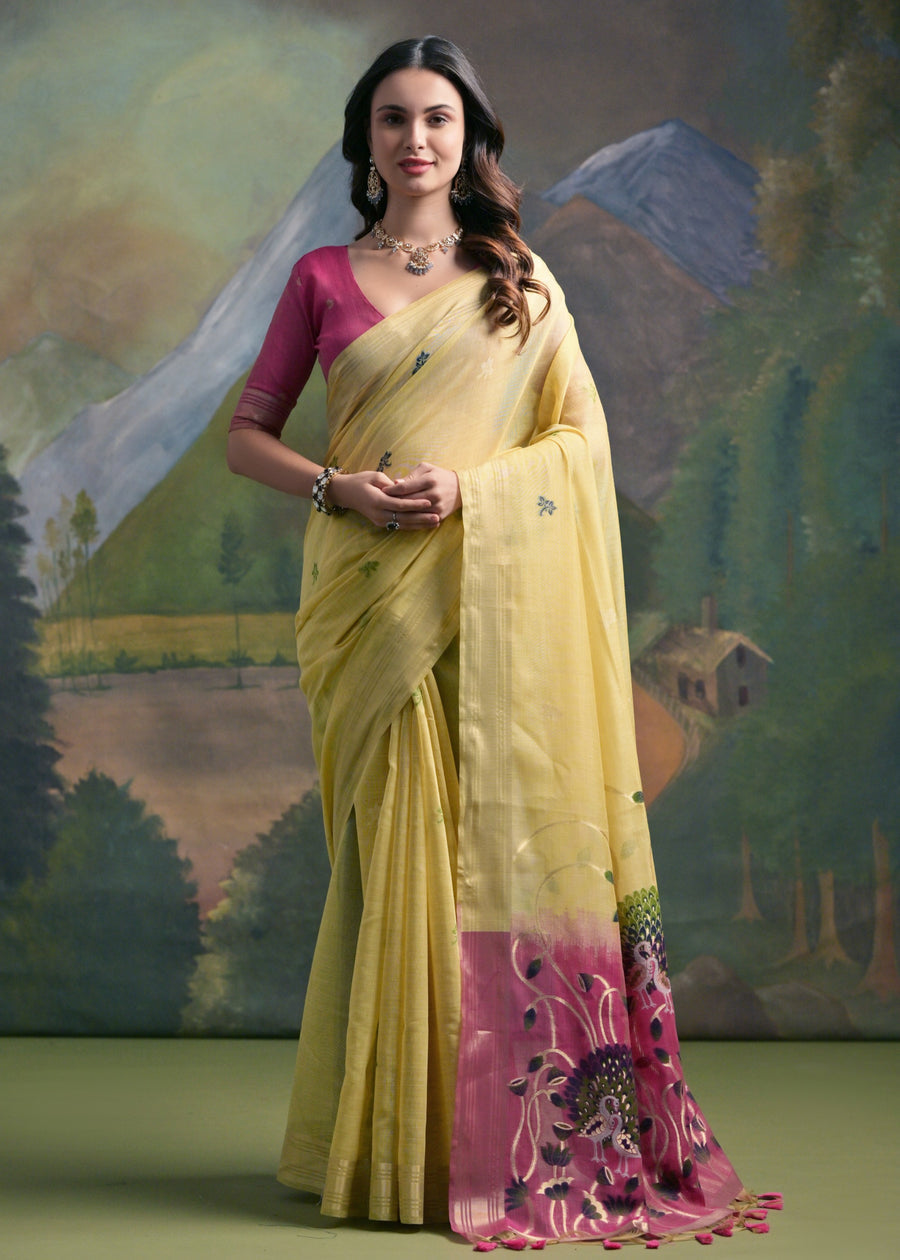 Lemon Yellow Pure Soft Munga Handloom Weaving Cotton Saree