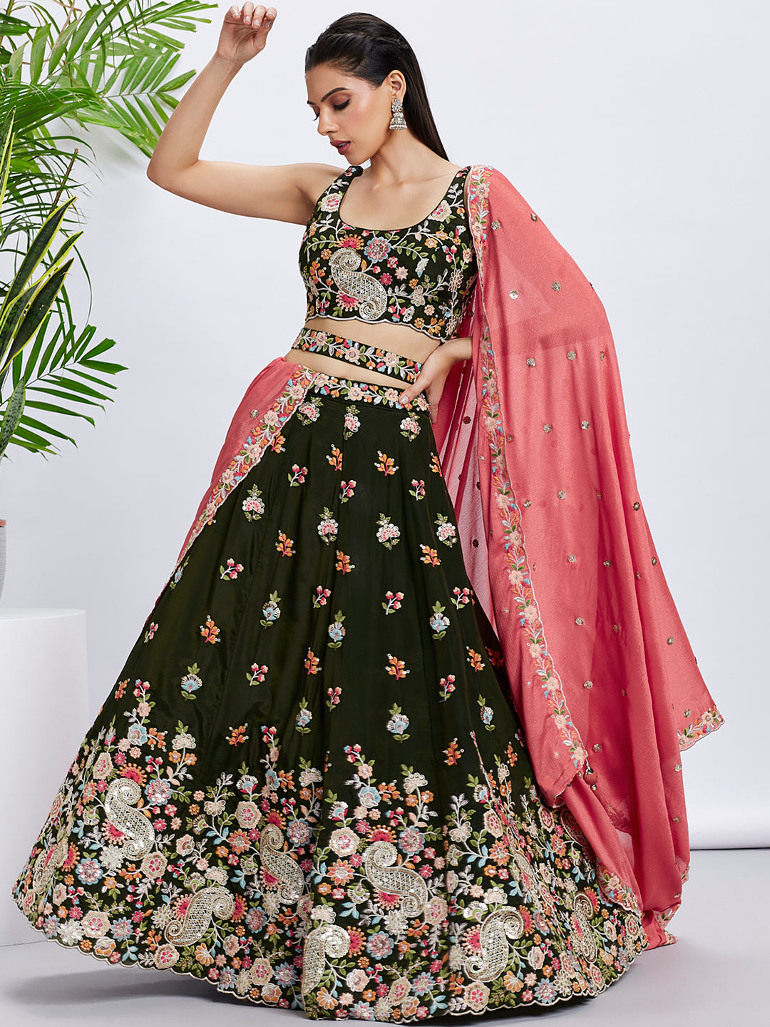 Olive Organza Sequins Thread Embroidery Lehenga Choli &amp; Dupatta