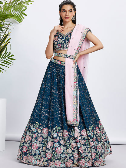 Navy Blue Chiffon Sequins Thread Embroidery Lehenga Choli &amp; Dupatta