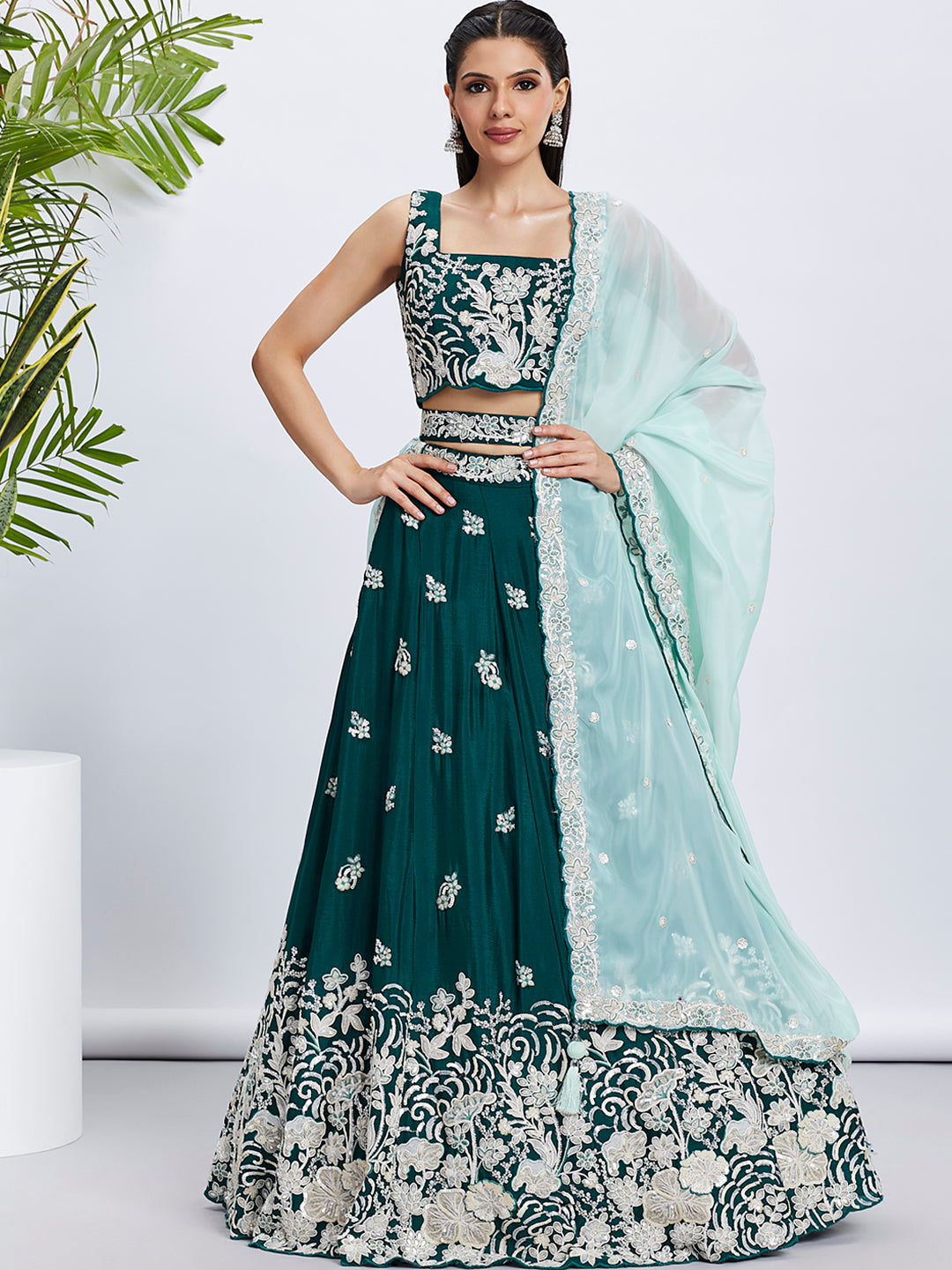 Green Georgette Sequins Thread Embroidery Lehenga Choli &amp; Dupatta