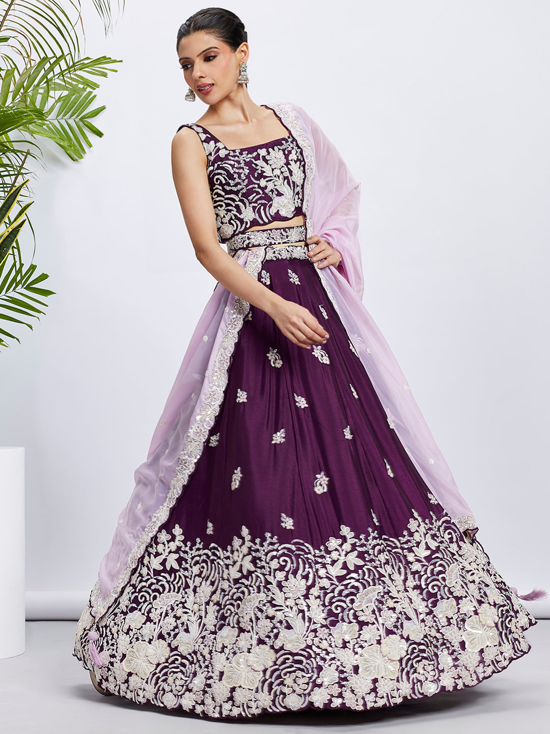 Purple Georgette Sequins Thread Embroidery Lehenga Choli &amp; Dupatta