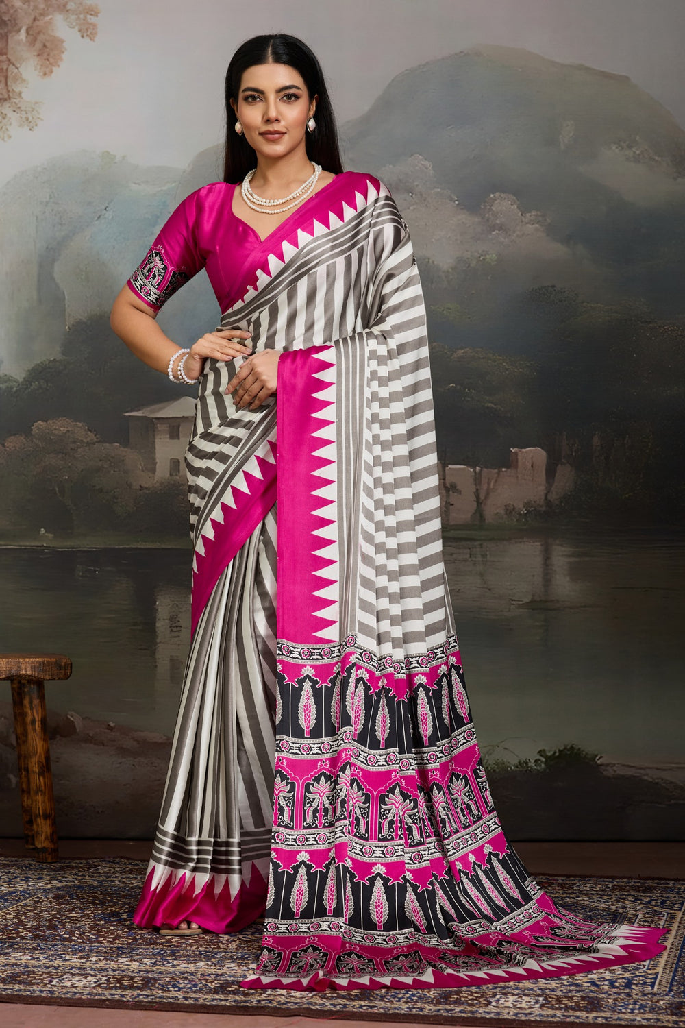 White and Pink Pure Ajrakh Printed Satin Crepe Silk Saree 