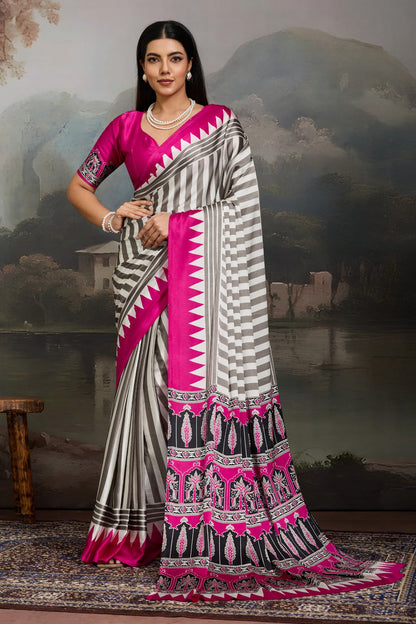 White and Pink Pure Ajrakh Printed Satin Crepe Silk Saree 