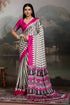 White and Pink Pure Ajrakh Printed Satin Crepe Silk Saree 