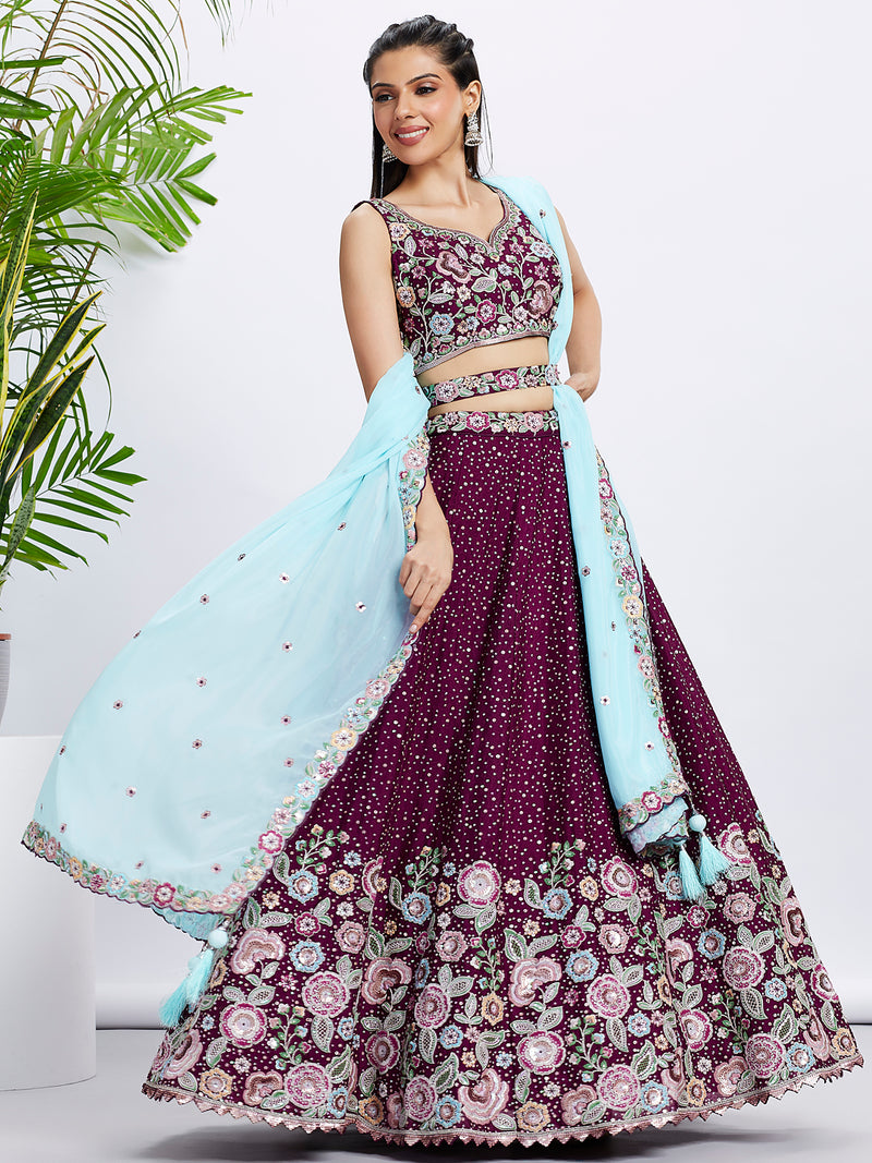 Burgundy Chiffon Sequins Thread Embroidery Lehenga Choli & Dupatta
