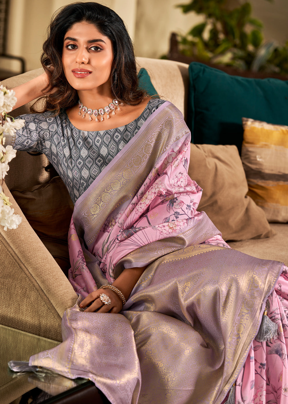 Pink Green Banarasi Digital Printed Soft Silk Saree 
