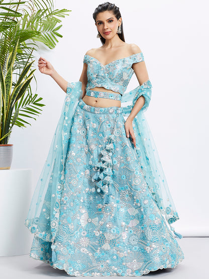 Sky Blue Organza Sequins and Thread Embroidery Lehenga Choli &amp; Dupatta