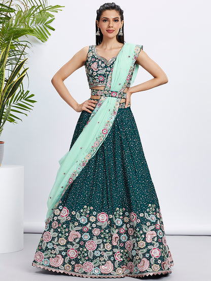 Green Pure Chiffon Sequins Thread Embroidery Lehenga Choli &amp; Dupatta