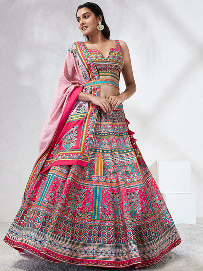 Pink Pure Georgette Position Printing with &amp; Stone work Lehenga Choli
