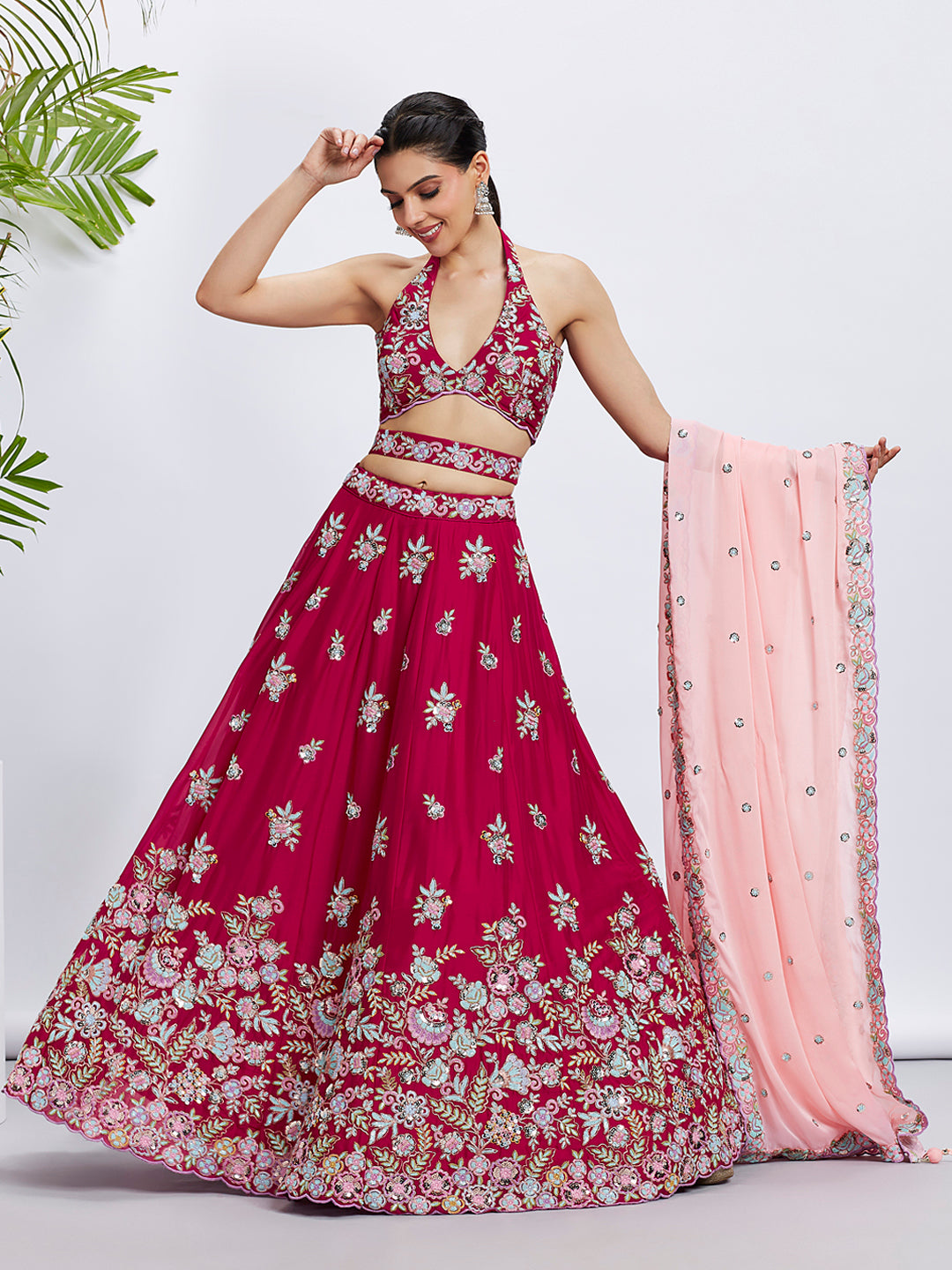 Rose Georgette Sequins and Thread Embroidery Lehenga Choli &amp; Dupatta