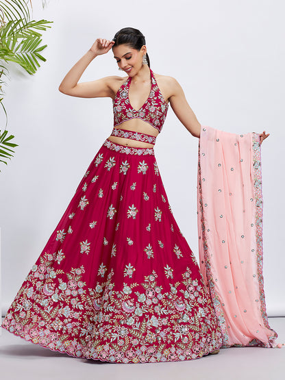 Rose Georgette Sequins and Thread Embroidery Lehenga Choli &amp; Dupatta