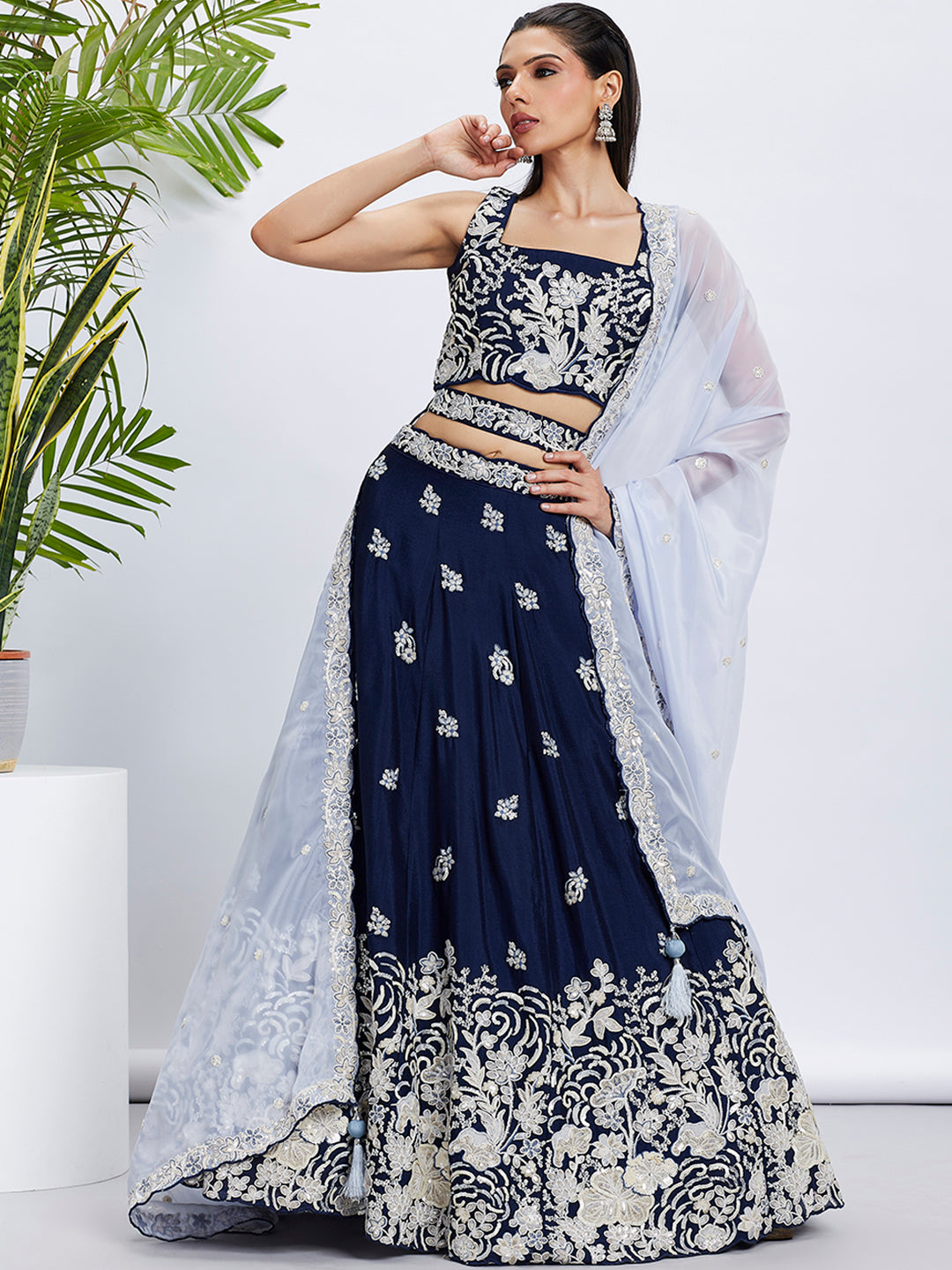 Navy Blue Georgette Sequins Thread Embroidery Lehenga Choli &amp; Dupatta