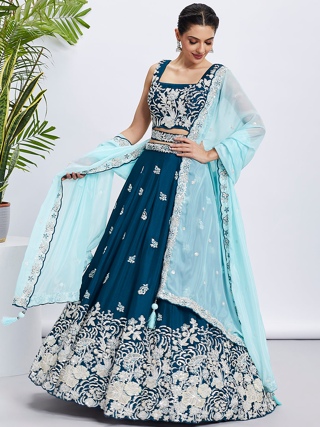 Teal Georgette Sequins Thread Embroidery Lehenga Choli &amp; Dupatta