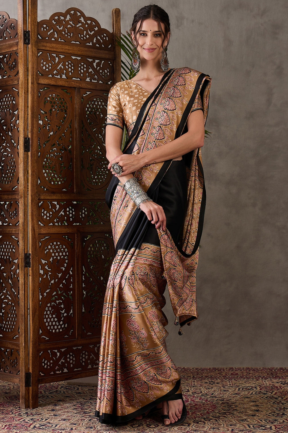Ebony Black Pure Soft Modal Satin Ajrakh Print Satin Saree Japan Satin Saree Anant Tex Exports Pvt.Ltd..