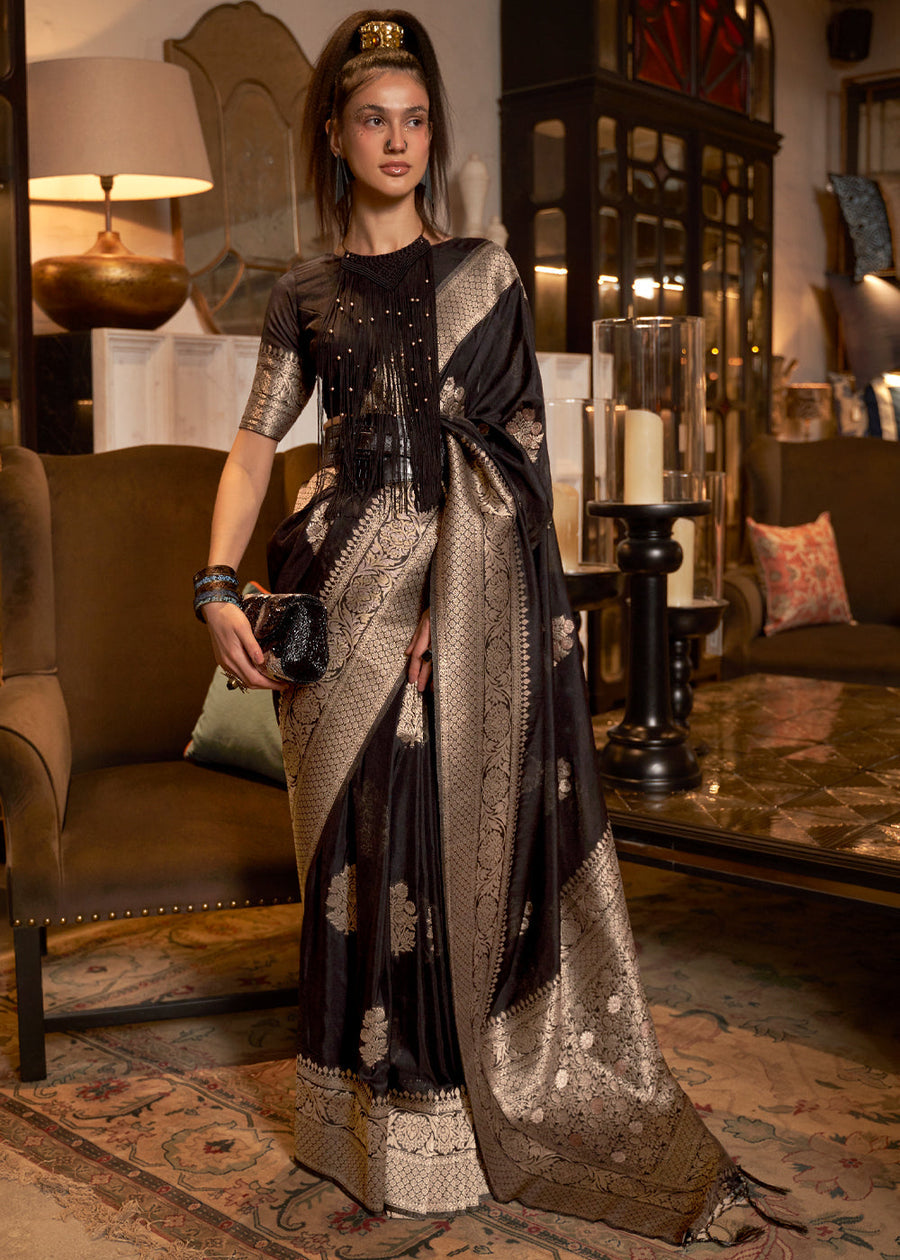 Royal Black Woven Pure Soft Georgette Silk Saree 