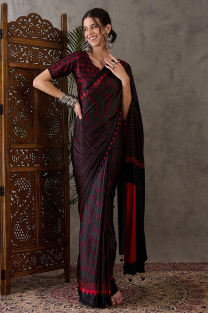 Black and Red Printed Satin Gaji Silk Saree 