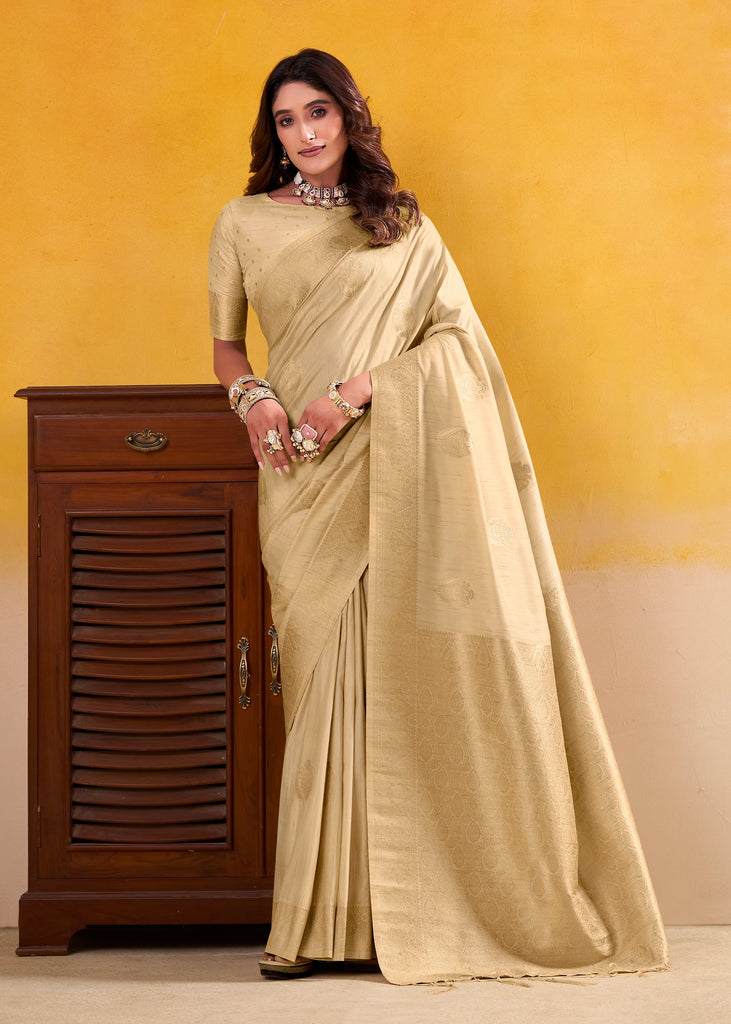 Cream Pure Soft Dhatu Silk Handloom Tussar Silk Saree 