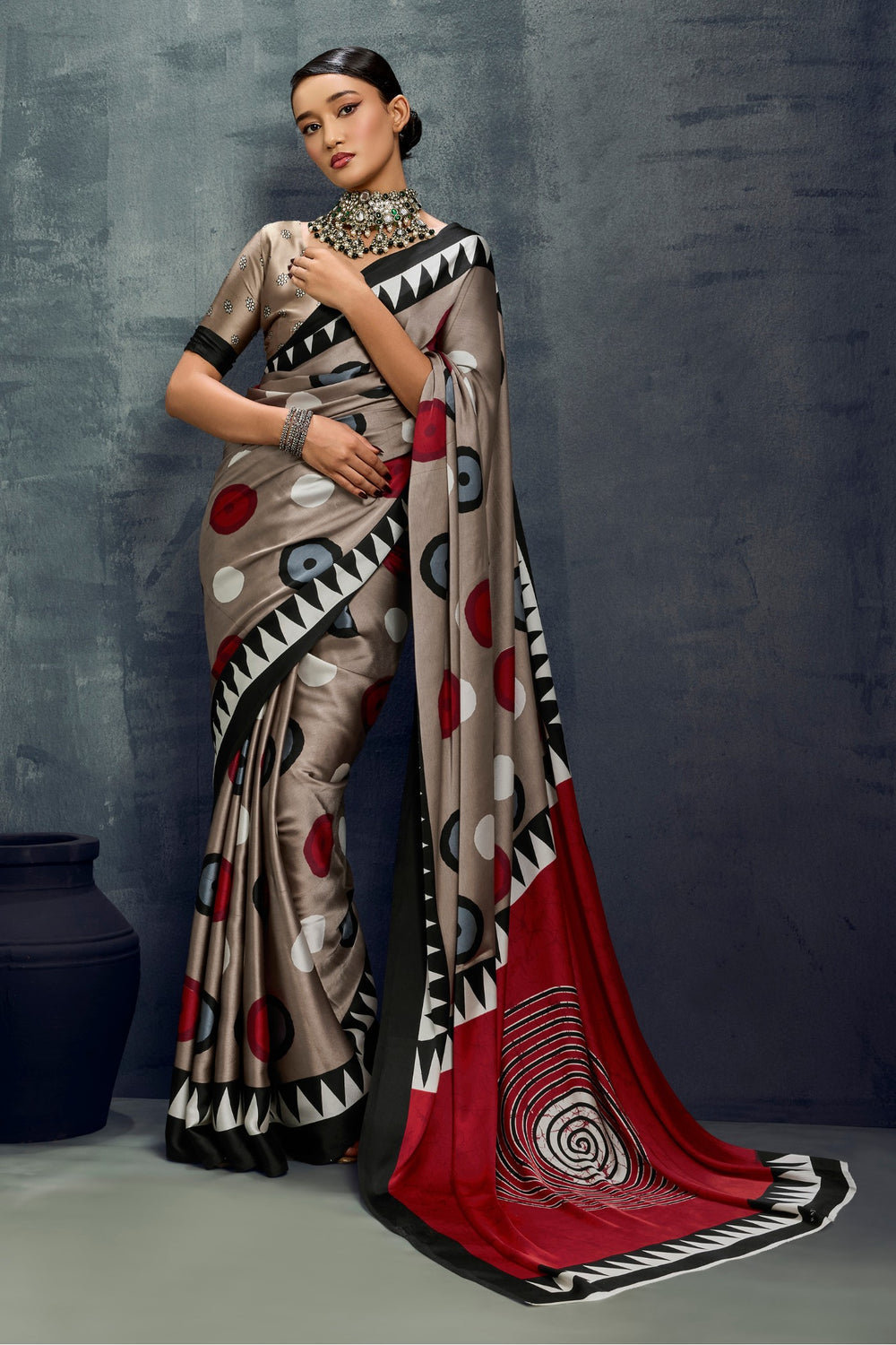 Grey Ajrakh Printed Satin Crepe Silk Saree 