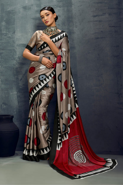 Grey Ajrakh Printed Satin Crepe Silk Saree 
