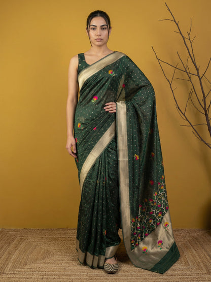 Green Pure Organza Silk Meenakari Jamdani Zari Woven Organza Saree
