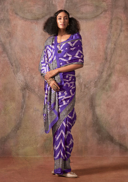 Purple Ajrakh Printed Satin Georgette Silk Saree 
