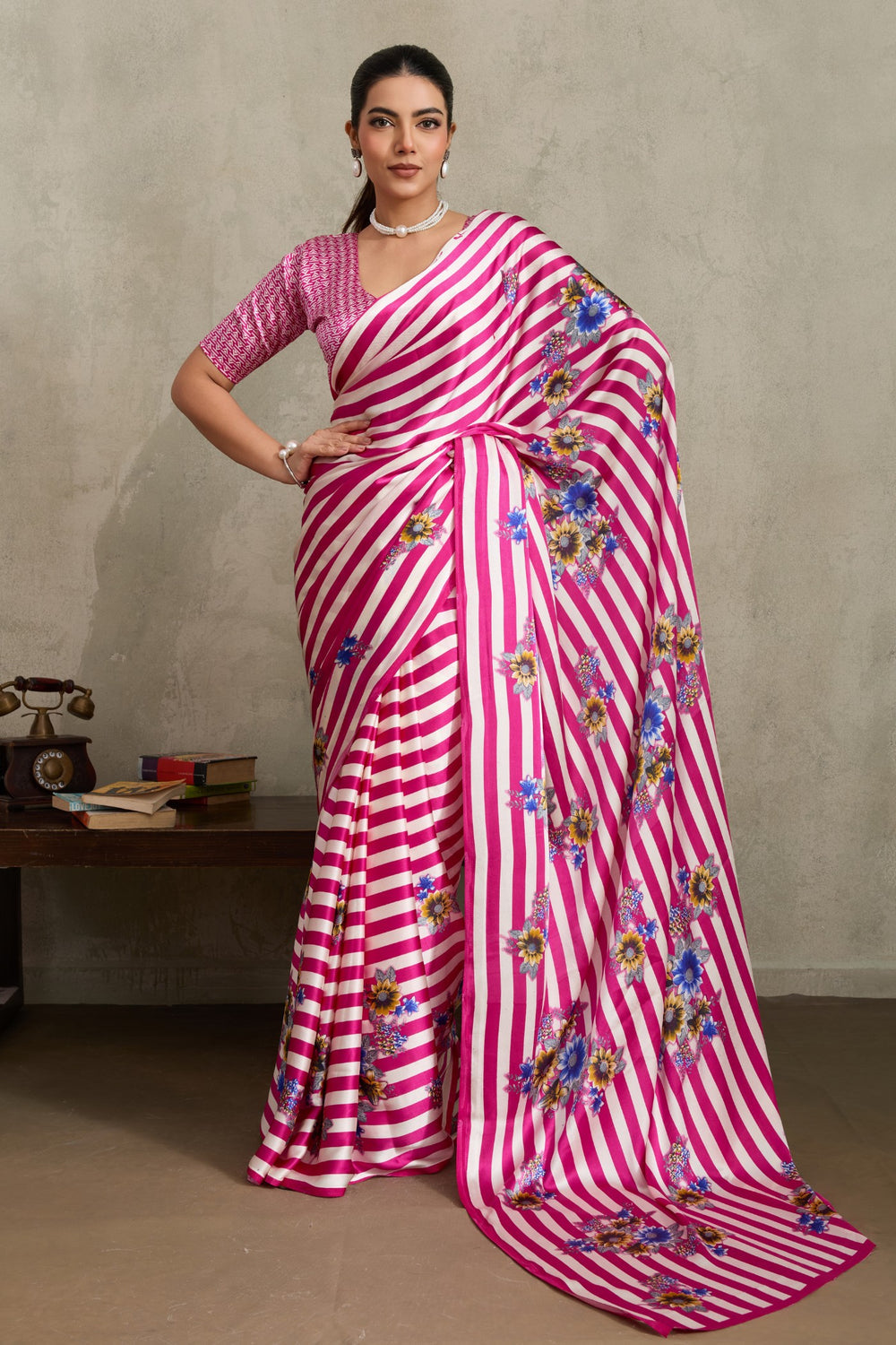 Neon Pink Pure Soft Modal Satin Ajrakh Print Satin Saree