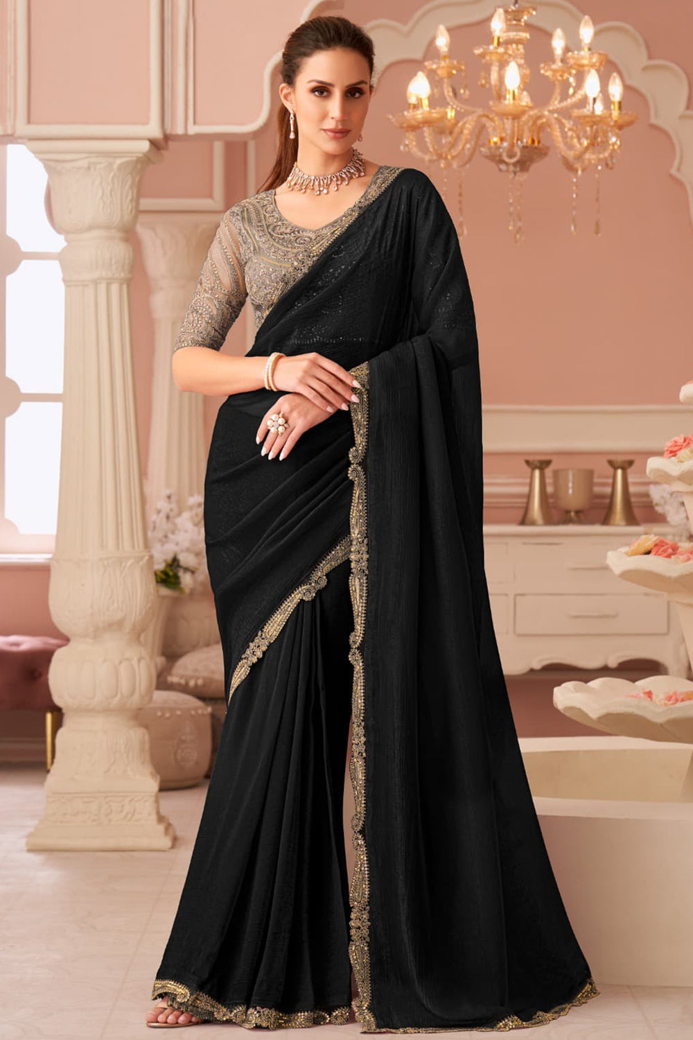 Black Red Pure Georgette Silk With Floral Sequins Saree ##color## Georgette Saree with premium fabric and embroidery