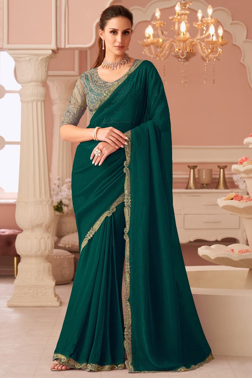 Green Pure Georgette Silk With Floral Sequins Saree 