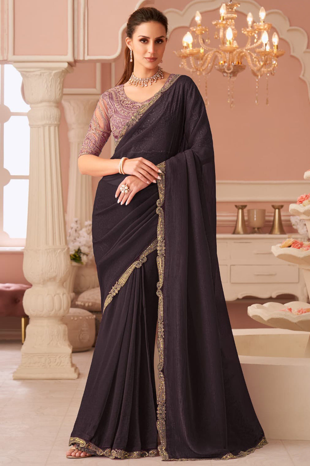 Wine Pure Georgette Silk With Floral Sequins Saree 