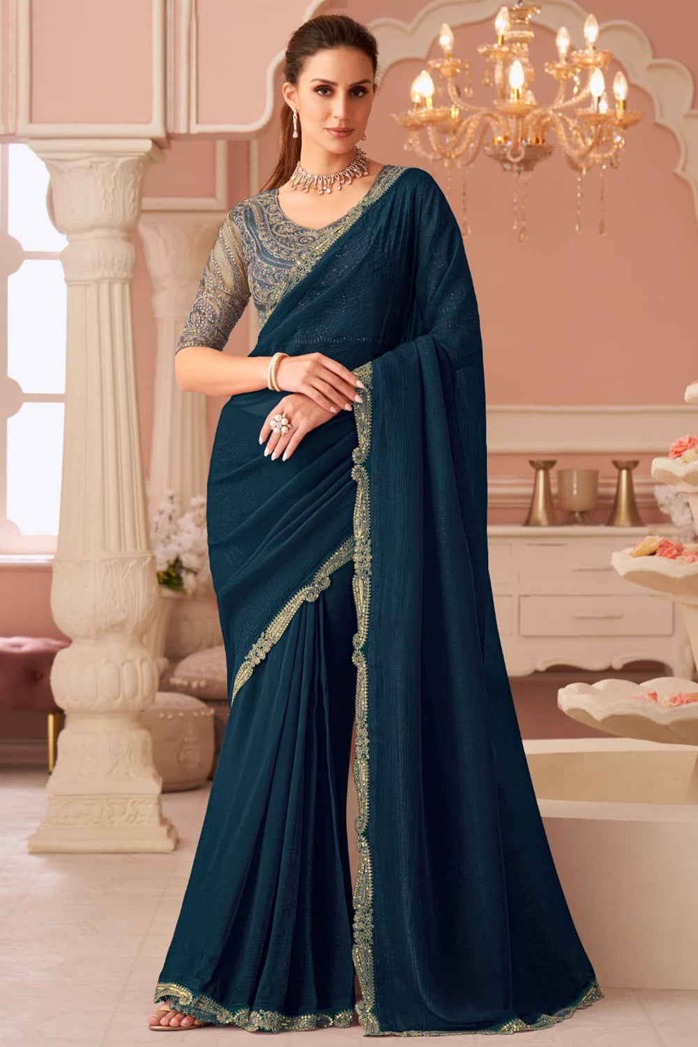 Teal Pure Georgette Silk With Floral Sequins Saree 