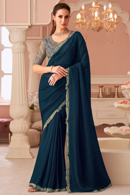 Teal Pure Georgette Silk With Floral Sequins Saree 