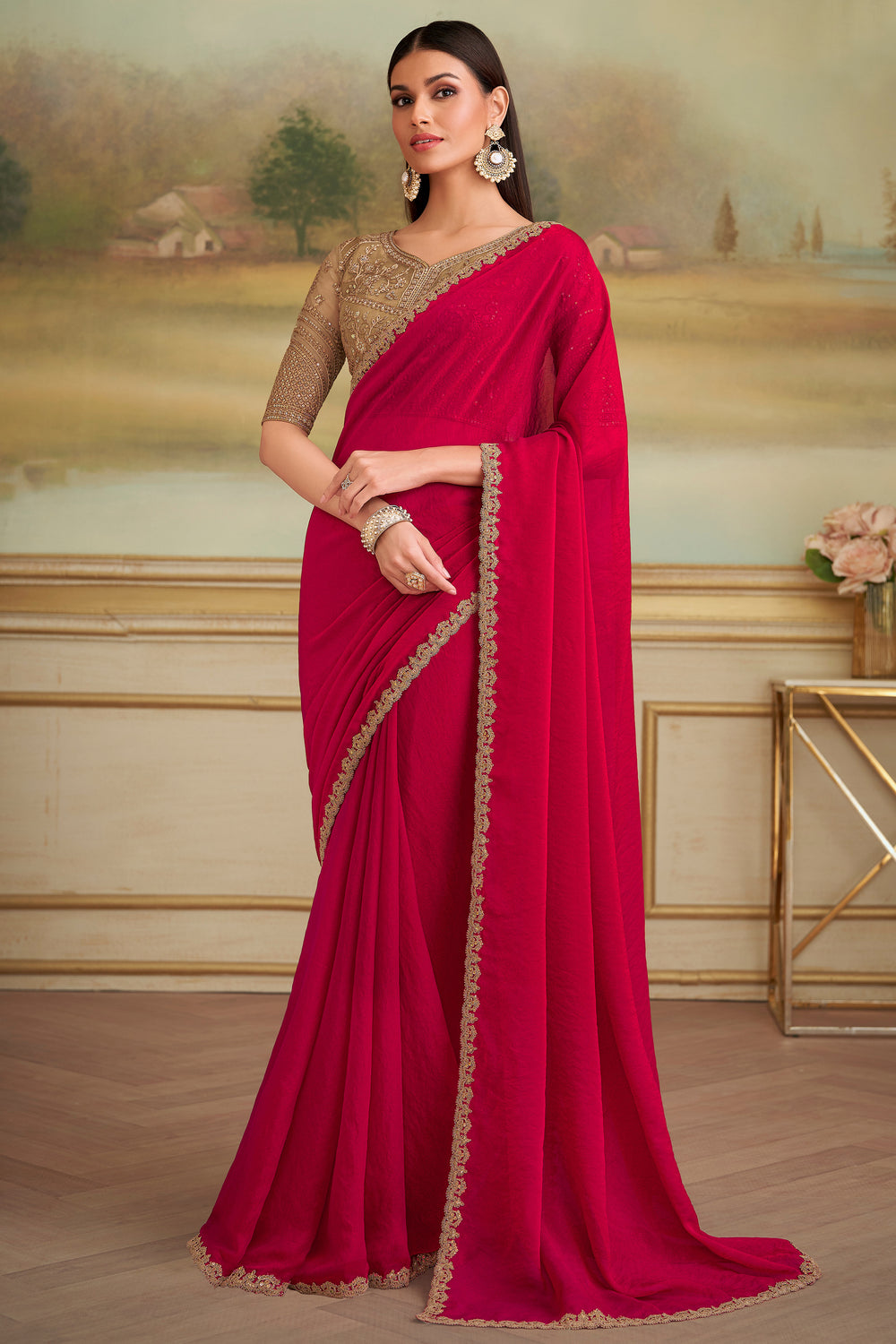 Cherry Red Pure Georgette Burberry Silk With Floral Sequins Saree 