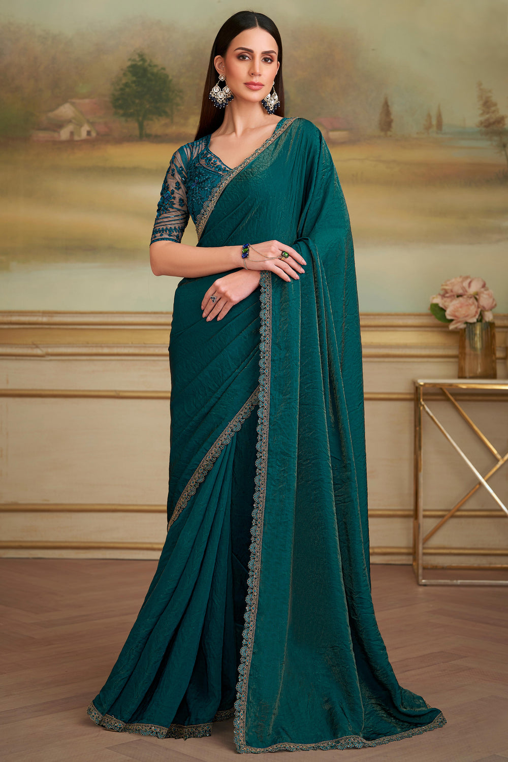 Dark Teal Pure Georgette Silk With Floral Sequins Saree