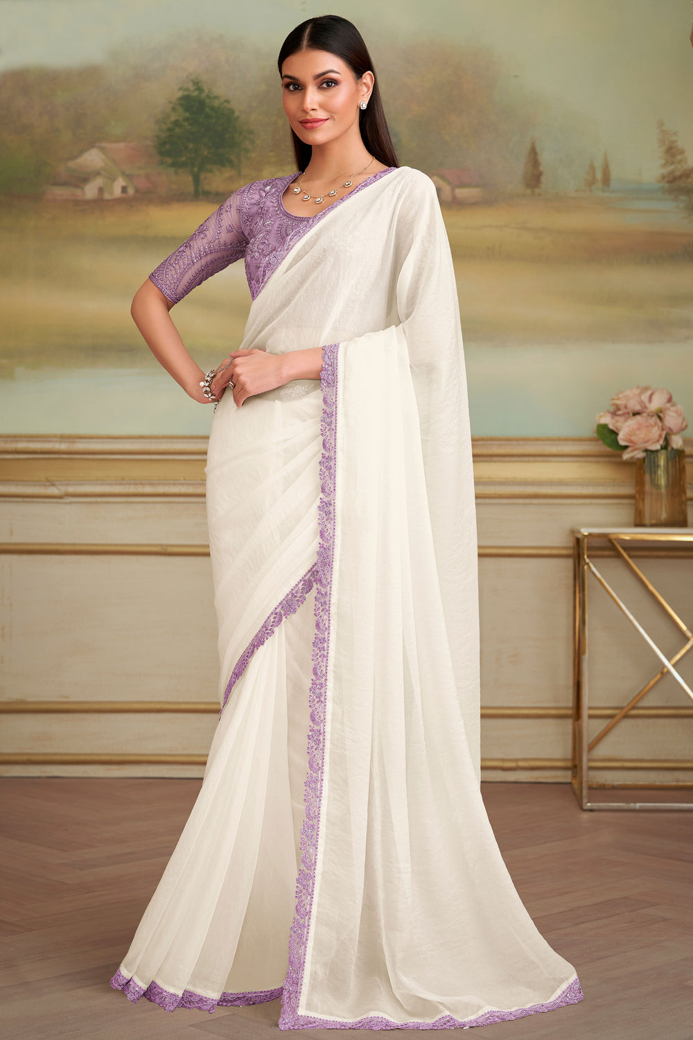 White Red Pure Georgette Silk With Floral Sequins Saree 