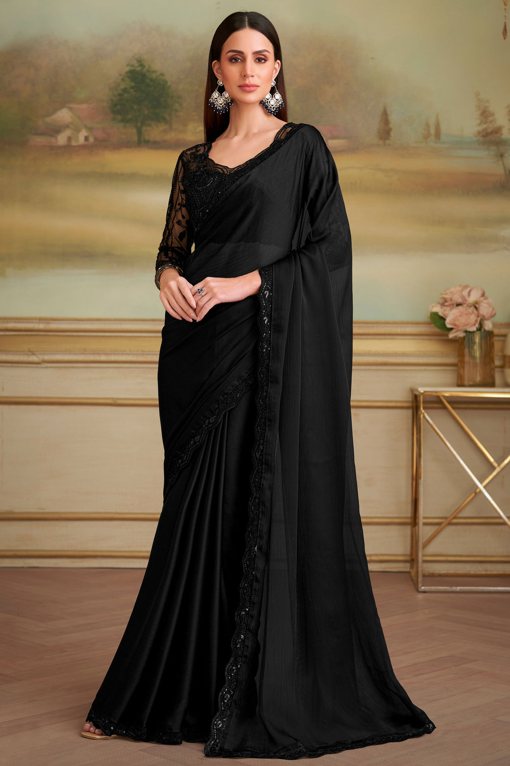 Black Pure Georgette Silk With Floral Sequins Saree 