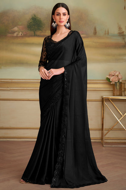 Black Pure Georgette Silk With Floral Sequins Saree 