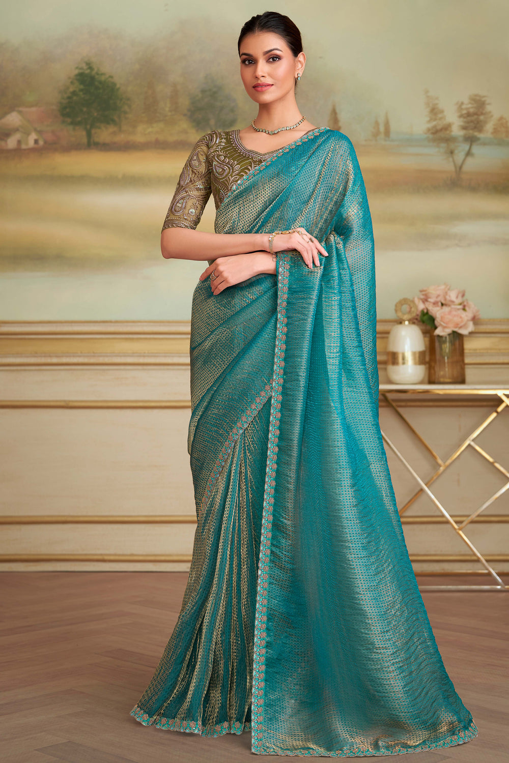 Golden Blue Pure Georgette Silk With Floral Sequins Saree 
