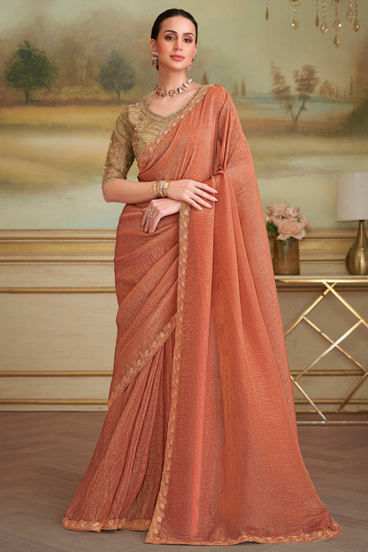 Orange Pure Georgette Silk With Floral Sequins Saree 