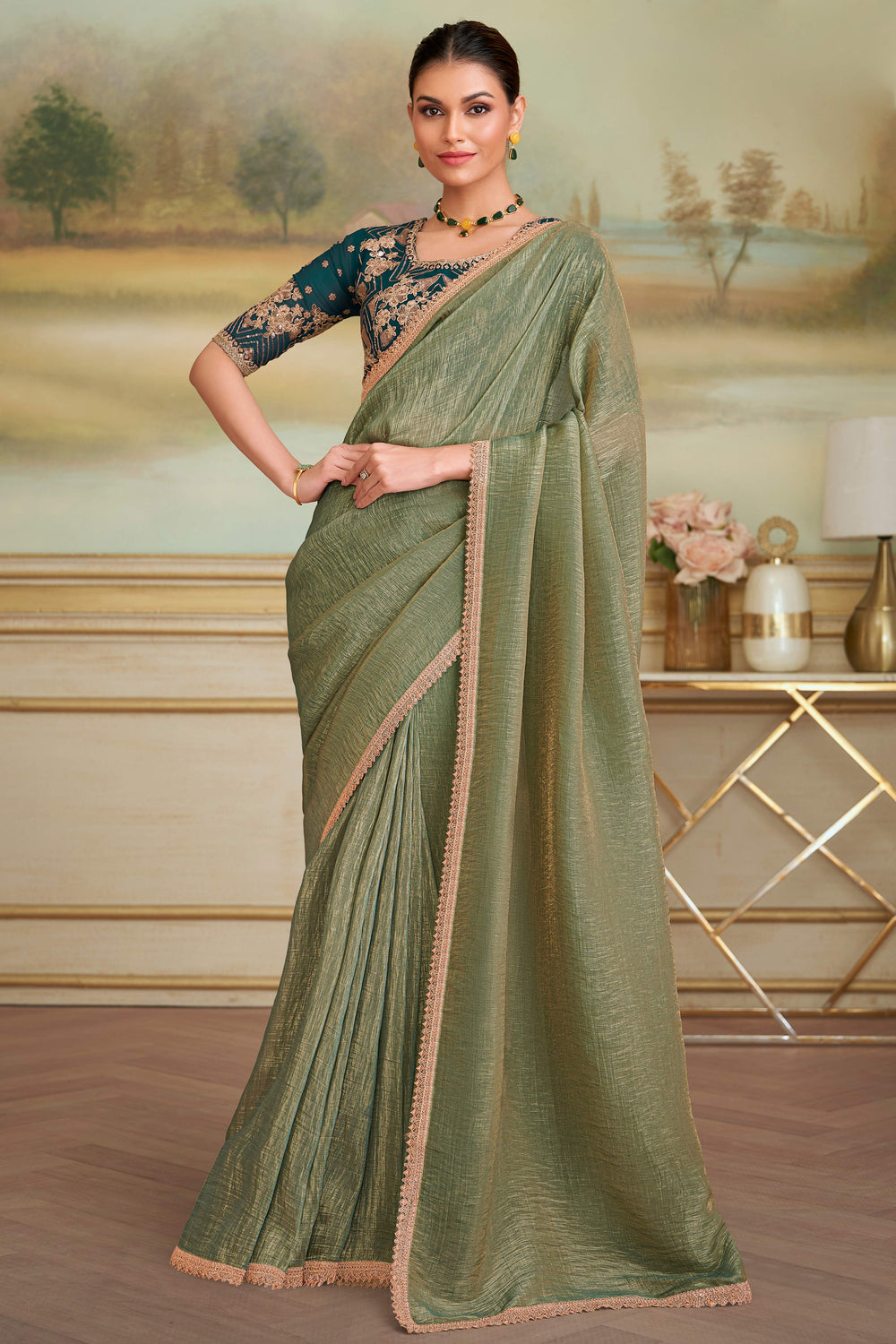 Pista Green Pure Georgette Silk With Floral Sequins Saree 