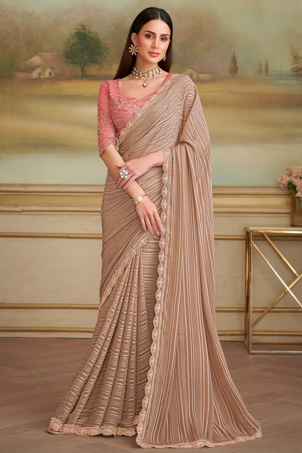 Chikoo Pure Georgette Silk With Floral Sequins Saree 