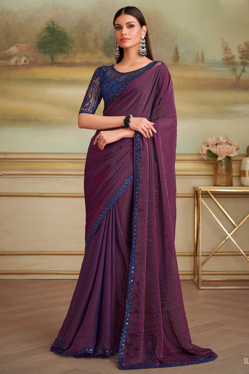 Wine Pure Georgette Silk With Floral Sequins Saree 