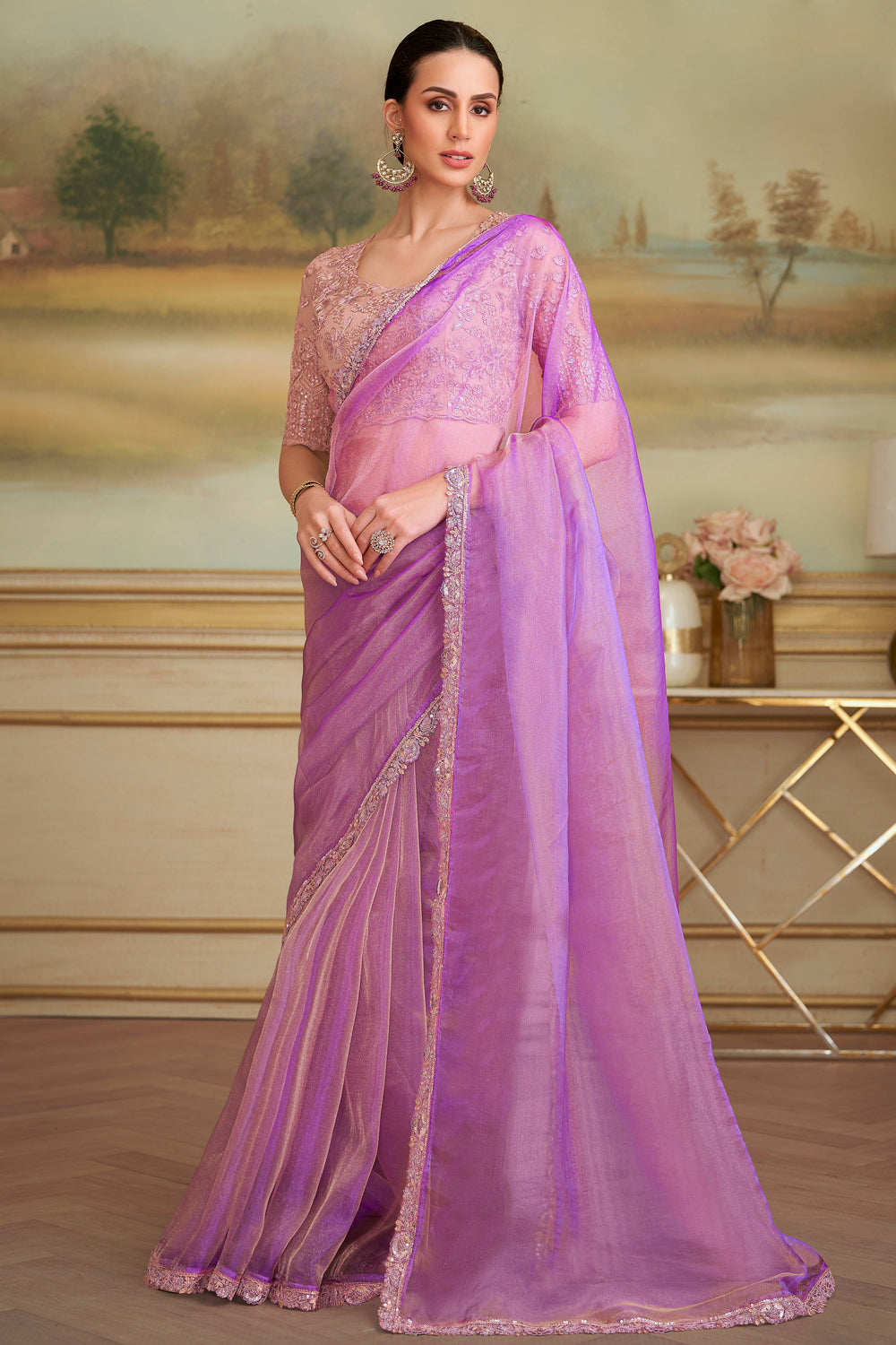 Magenta Pure Georgette Silk With Floral Sequins Saree 