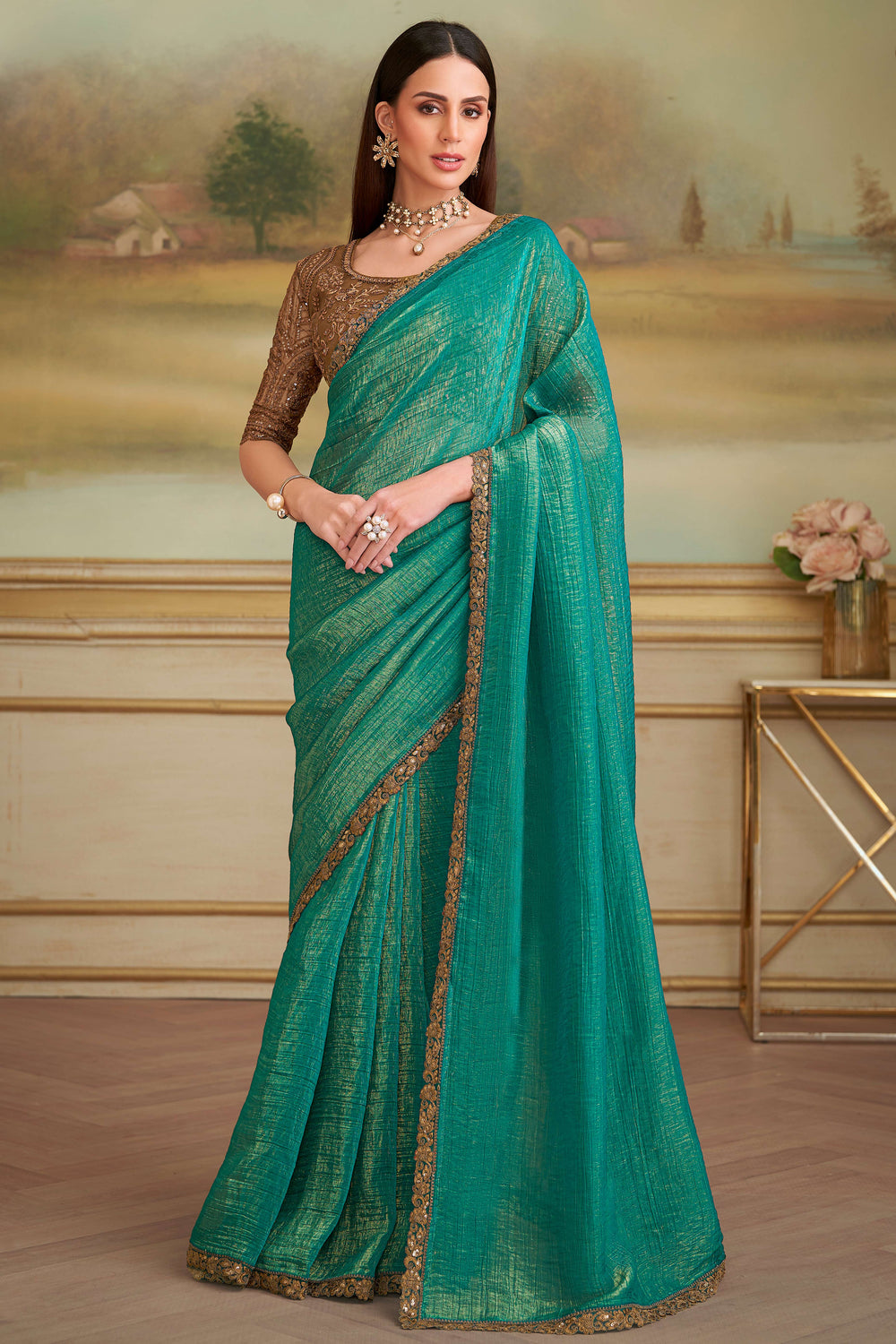 Sea Green Pure Georgette Silk With Floral Sequins Saree ##color## Georgette Saree with premium fabric and embroidery