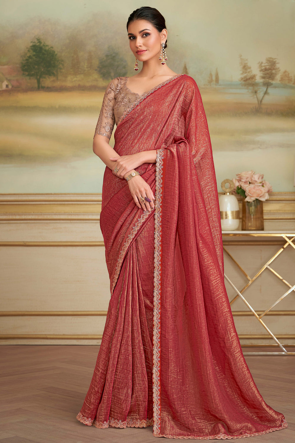Brick Red Pure Georgette Silk With Floral Sequins Saree ##color## Georgette Saree with premium fabric and embroidery