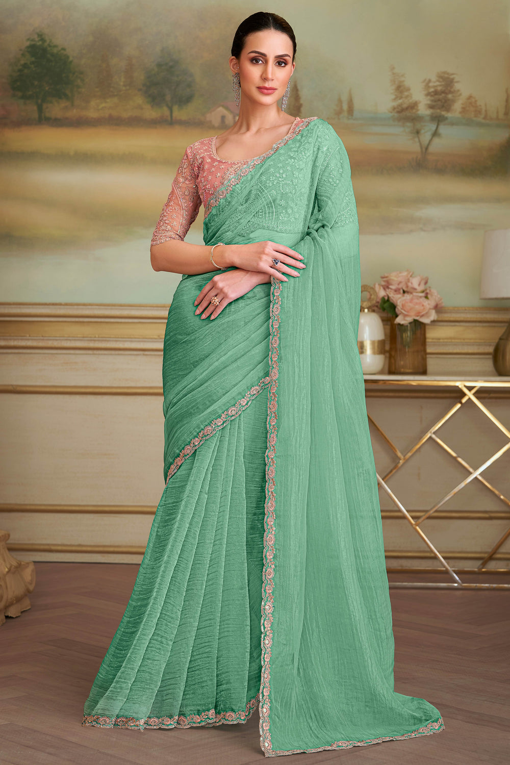 Sea Green Pure Georgette Silk With Floral Sequins Saree 