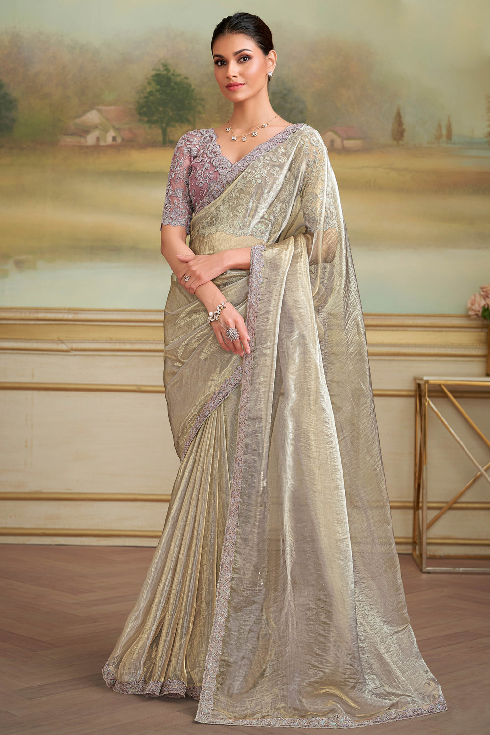 Beige Pure Georgette Silk With Floral Sequins Saree 