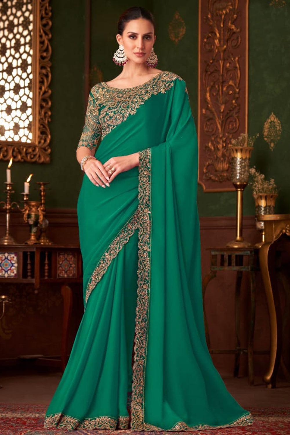 Green Pure Georgette Satin Silk With Floral Sequins Saree 